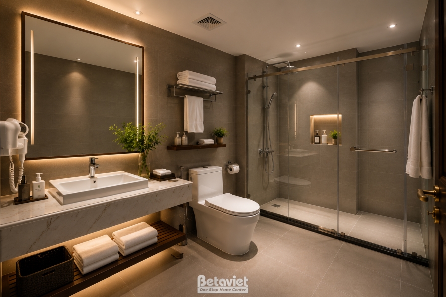 Phòng tắm với bàn đá lavabo dài, gương lớn viền kim loại, kệ khăn gỗ phía dưới xếp khăn trắng gọn gàng. Khu vực vệ sinh và…