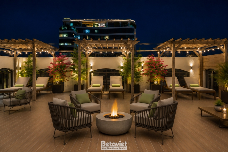 Khu vực lounge sân thượng về đêm với bộ ghế đan dây quây quanh bàn lửa tròn, chậu cây và hoa giấy trang trí dưới giàn perg…