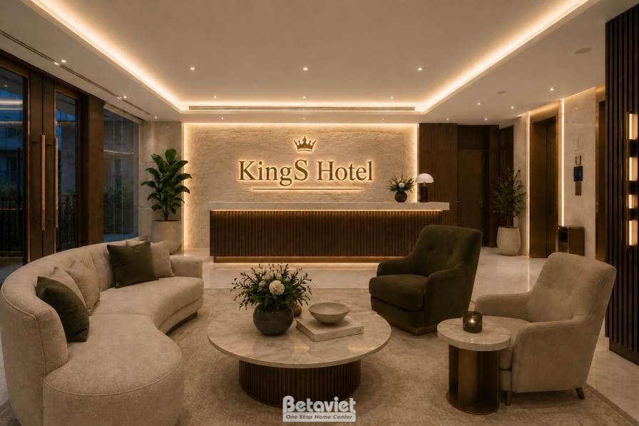 Sảnh lễ tân với quầy đá ốp chữ nổi KingS Hotel, trần thạch cao giật cấp ánh đèn hắt vàng ấm. Bố trí ghế sofa bọc vải bo co…