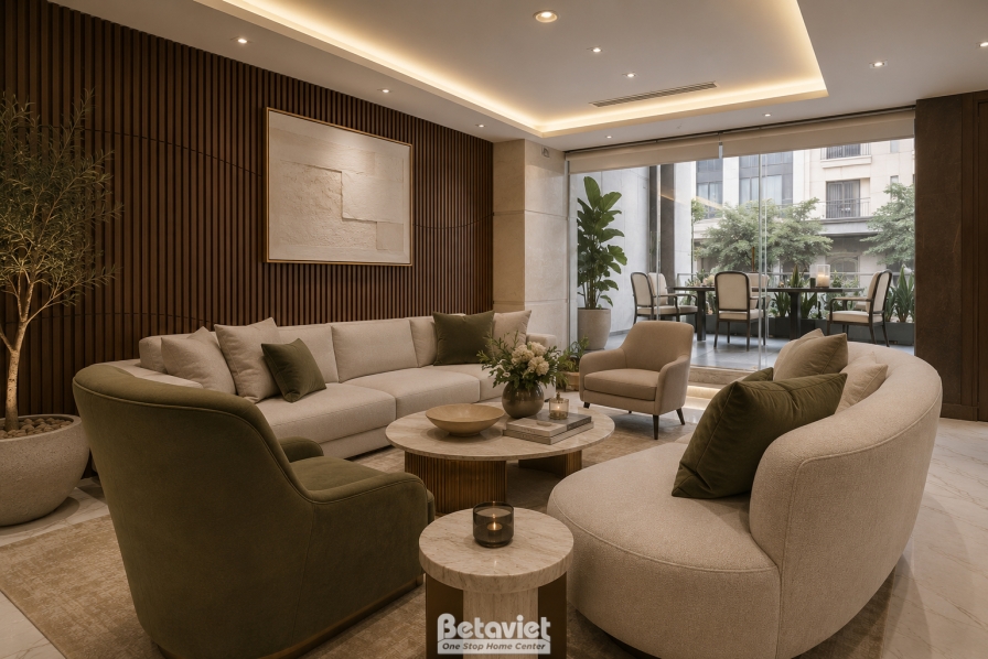 Phòng khách trong suite với bộ sofa bo cong màu kem, gối tựa xanh rêu, bàn trà đá tròn đặt giữa. Vách ốp gỗ nan dọc, cửa k…