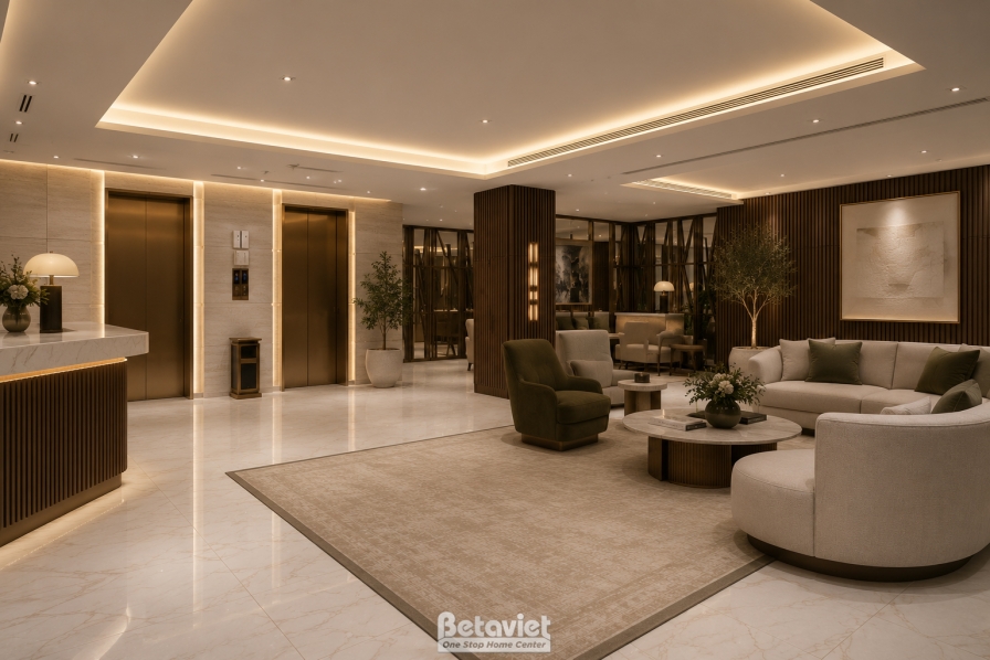 Hành lang sảnh dẫn tới khu thang máy, ốp gỗ tối màu kết hợp cột đá, sàn đá marble sáng bóng. Bố trí ghế sofa và bàn trà tạ…