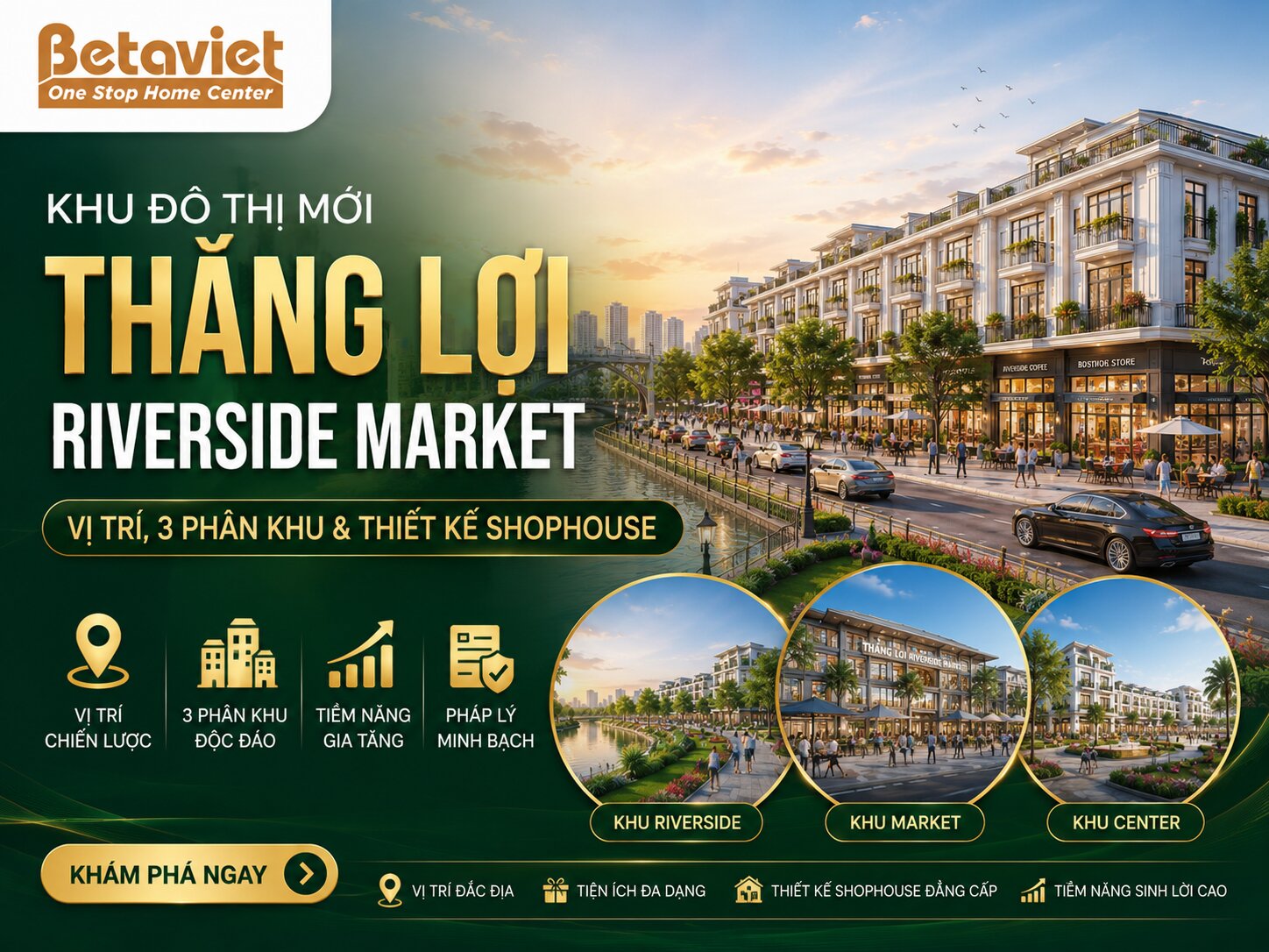 Khu Đô Thị Mới Thắng Lợi Riverside Market: Vị Trí, 3 Phân Khu & Thiết Kế Shophouse 2026